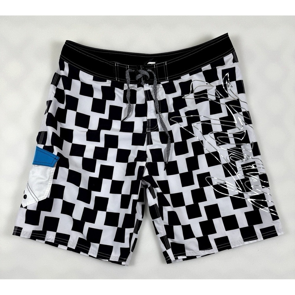 VTG Y2K Rusty Checkered Surf Board Shorts Mens 36 Skater Blue Cargo Graphic